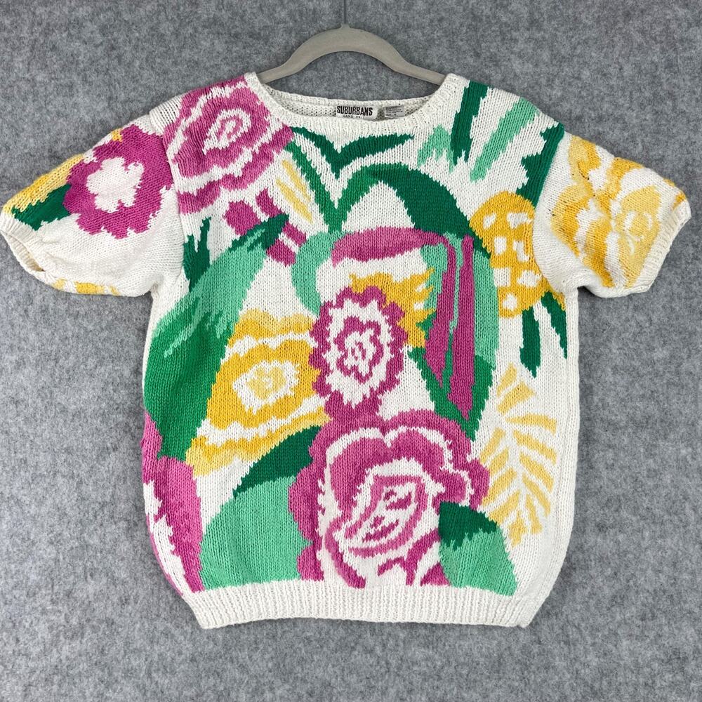Vintage Country Suburbans Sweater Womens Medium Floral Linen Cotton Granny 80s